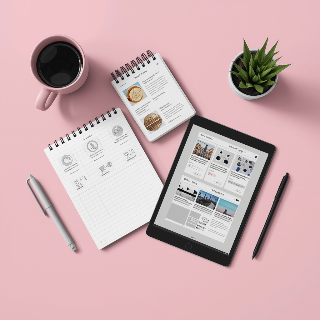 A beautiful composition of study materials, a notepad, and a modern tablet displaying tutorial layouts. Professional lighting, 3d aesthetic placeholder. No humans.